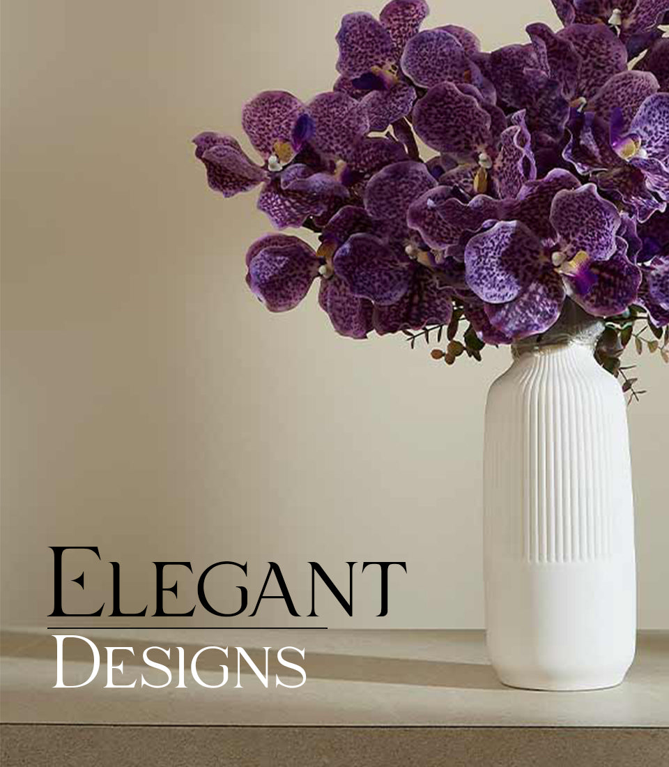 Purple Vanda orchids in white ribbed ceramic vase, lush artificial flower arrangement for sophisticated home décor