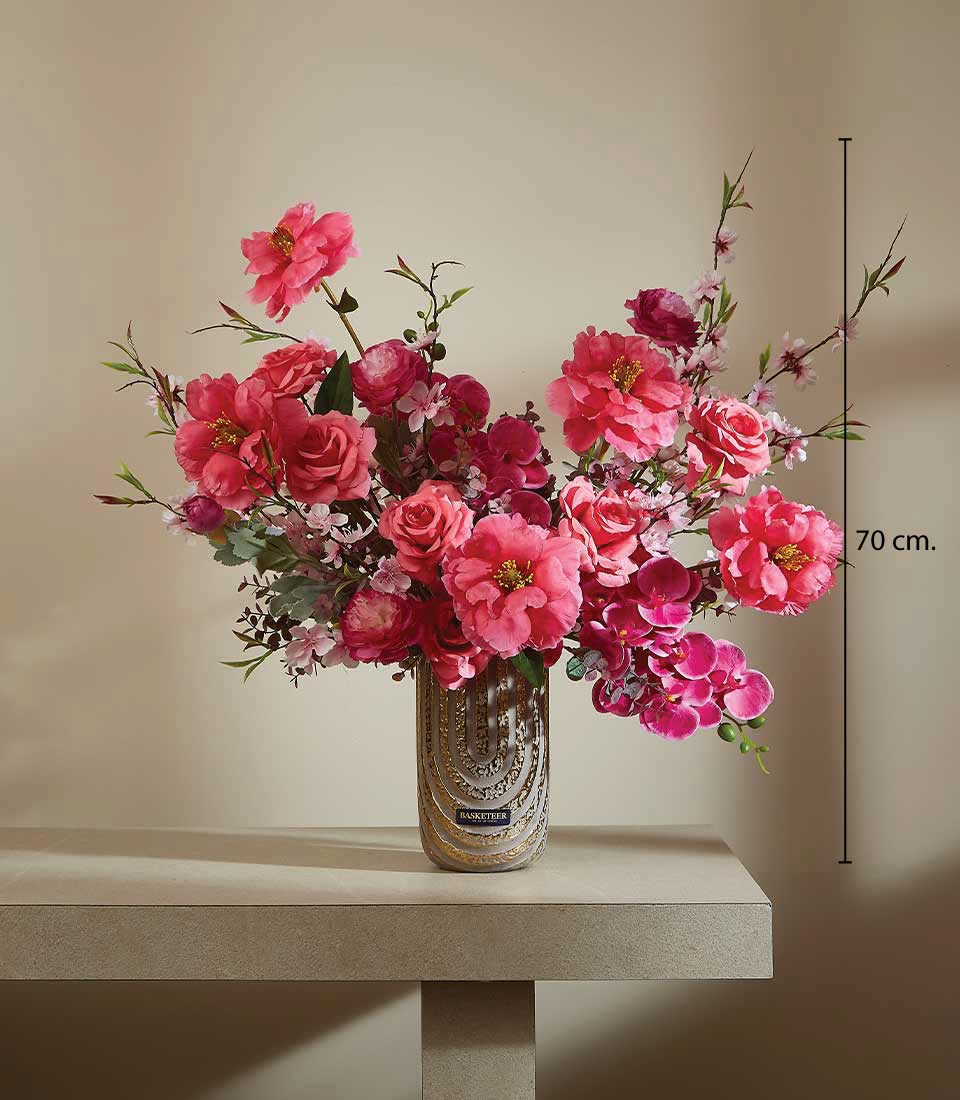 Contemporary pink artificial peony and rose arrangement in metallic gold-textured vase, 70 cm tall luxury floral gift