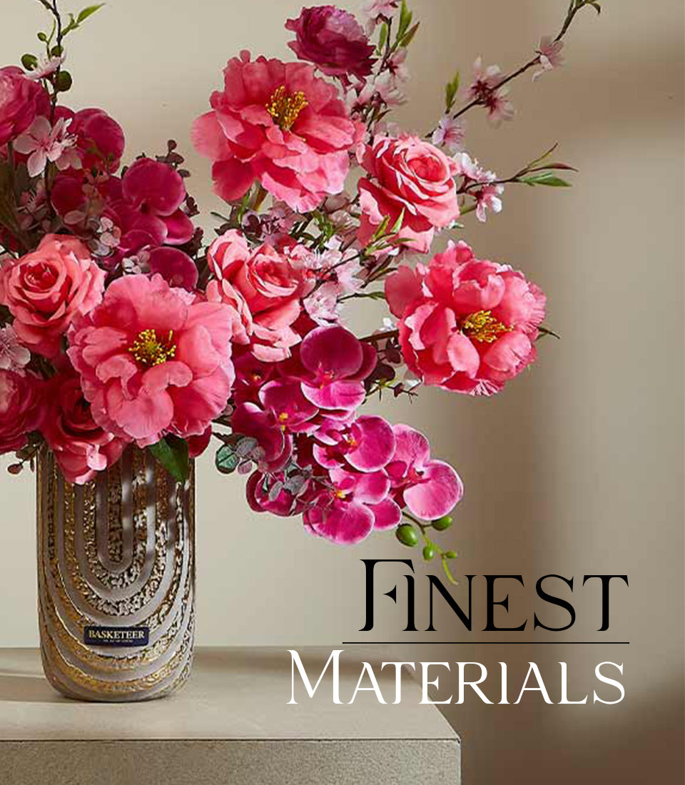 Contemporary pink peony and rose artificial flower arrangement in metallic gold glass vase