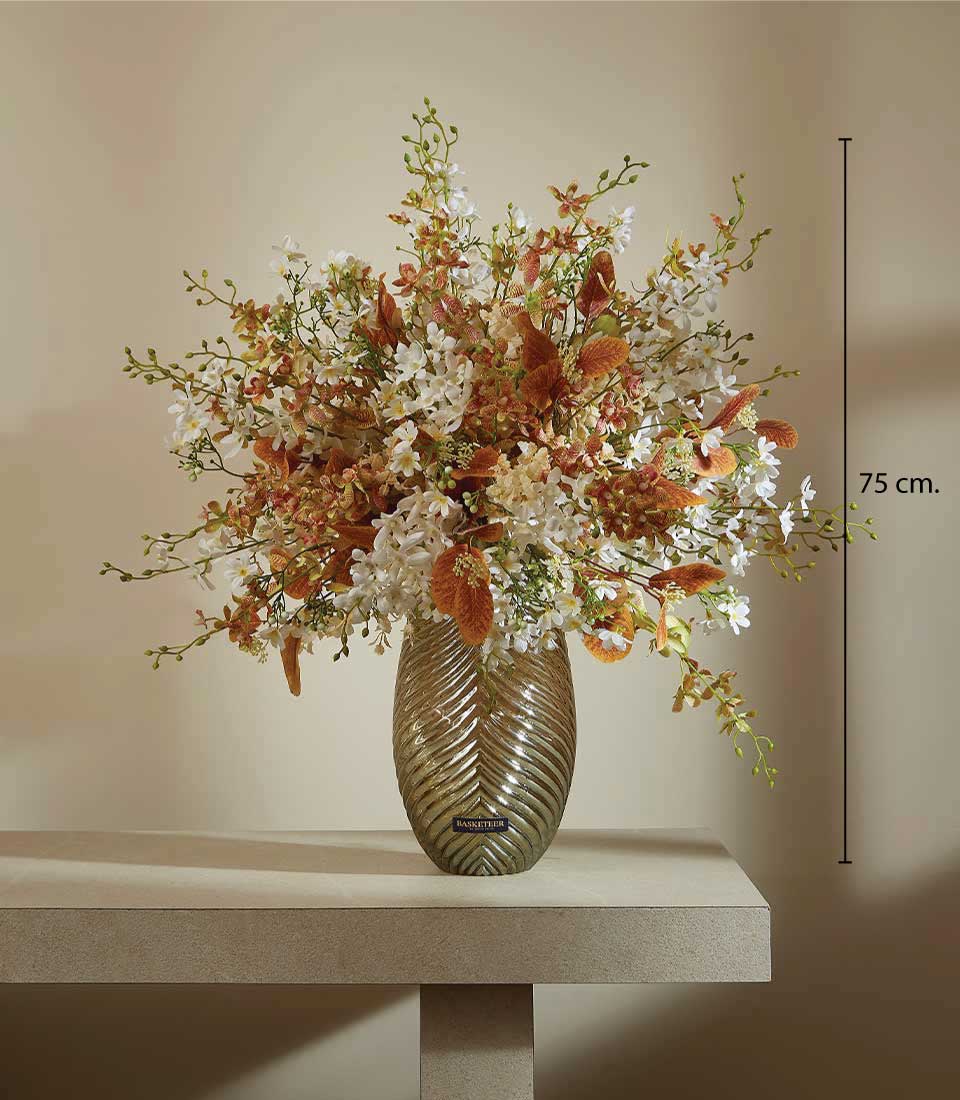 Warmth of Elegance artificial flower vase with cream and rust blooms in bronze-finished ribbed glass vase, 75cm height