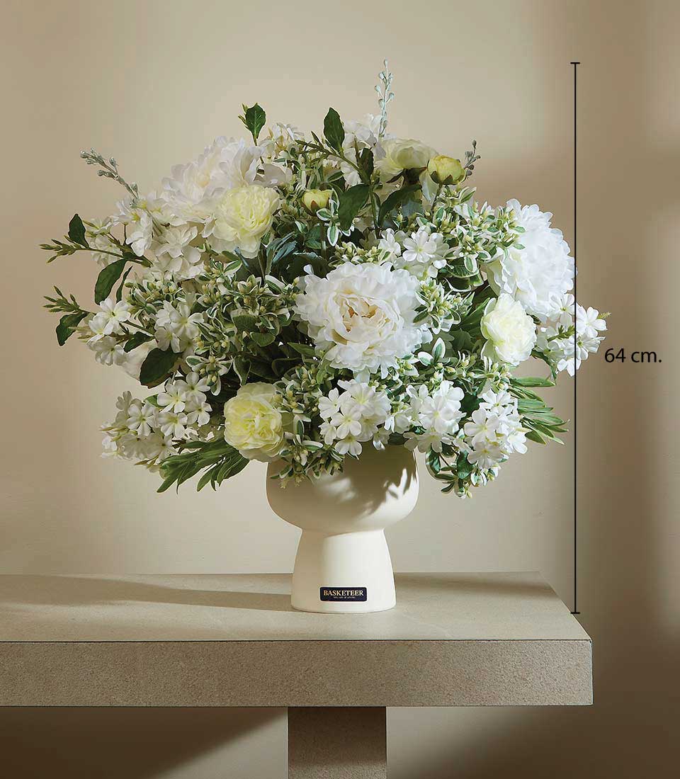 Snow-kissed white and pale yellow peony artificial flower arrangement in modern ceramic vase, luxury home decor gift