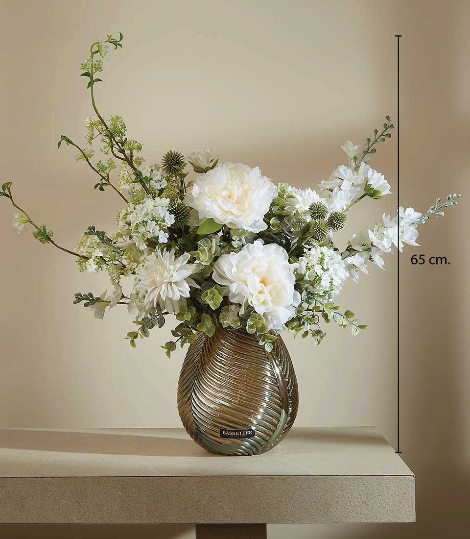 Elegant white peony and dahlia artificial flower arrangement in textured bronze-gold glass vase, 65cm tall