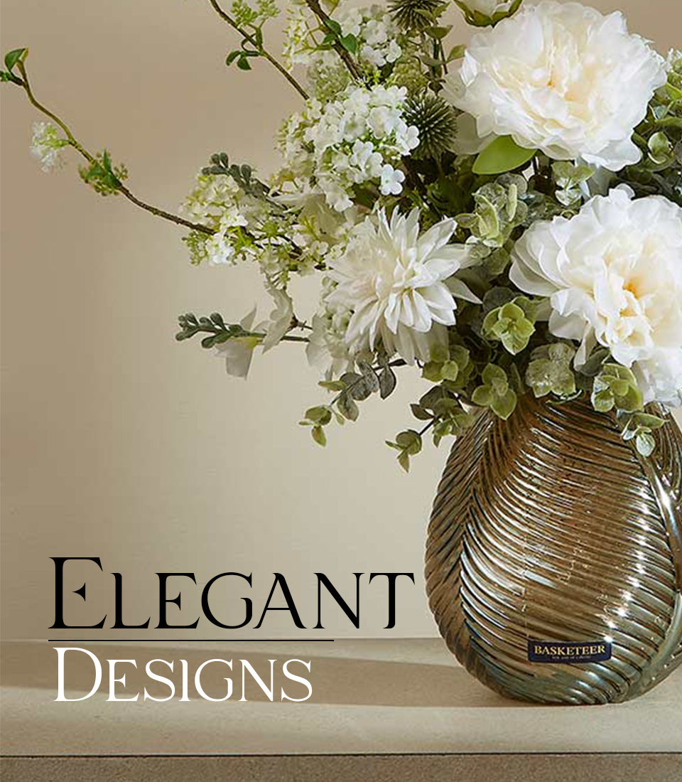 Elegant white peony and dahlia artificial flower arrangement in iridescent bronze textured glass vase