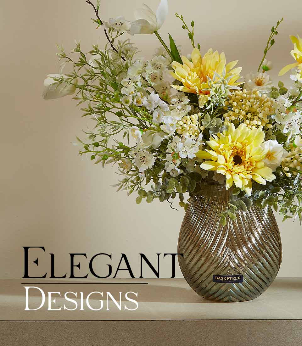 Sunny Serenity artificial flower vase with bright yellow gerberas, white blooms, and green foliage in ribbed glass