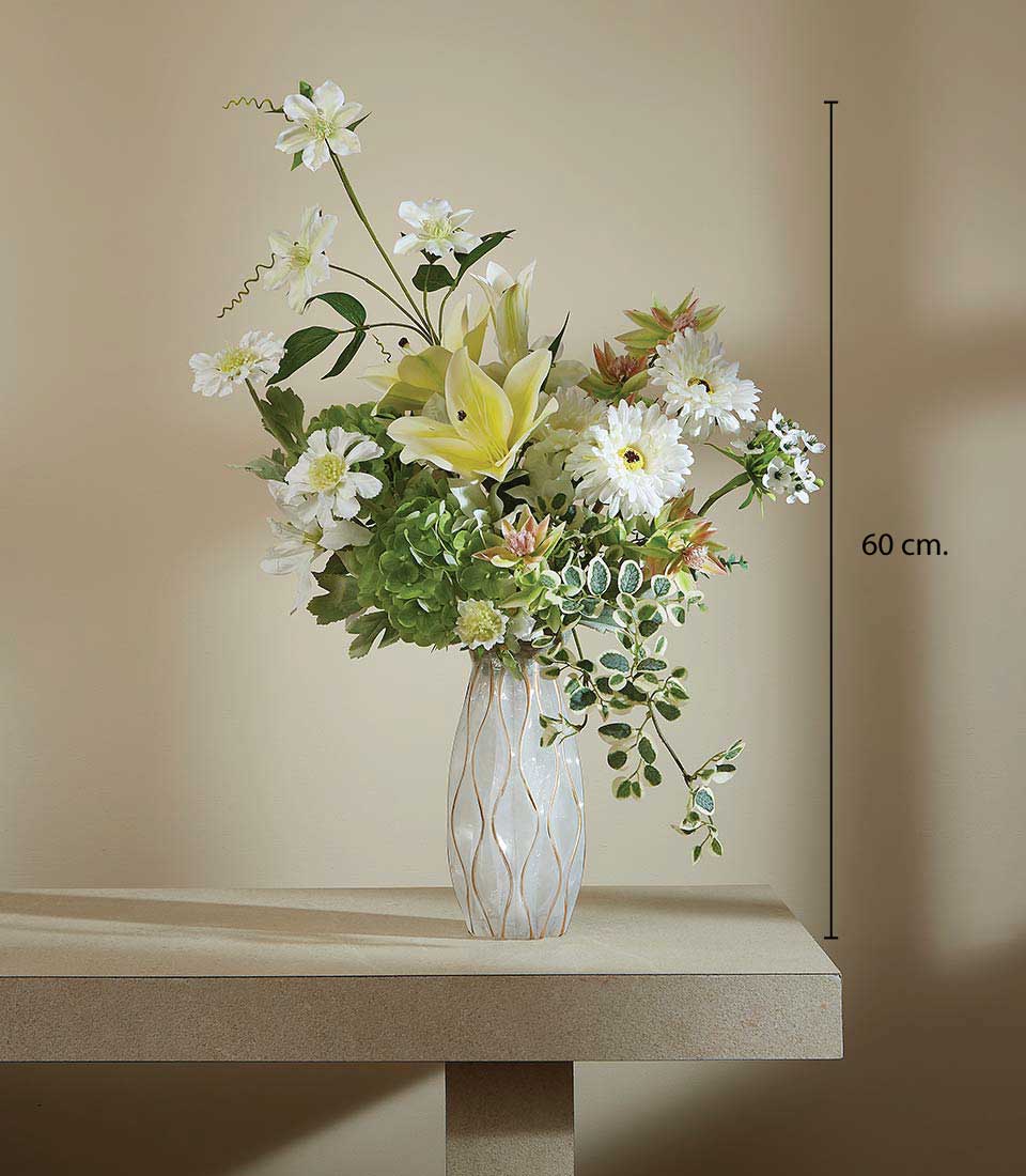 Serene Meadow Bloom artificial flower arrangement in cream, white and yellow with green hydrangea and ivy in textured