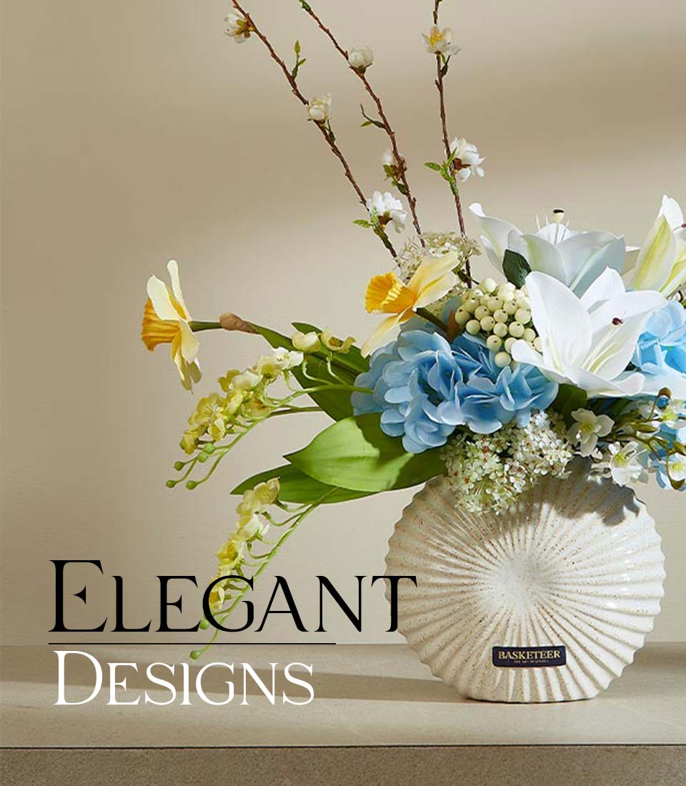 Spring flower arrangement with white lilies, hydrangeas, and daffodils in textured ceramic vase