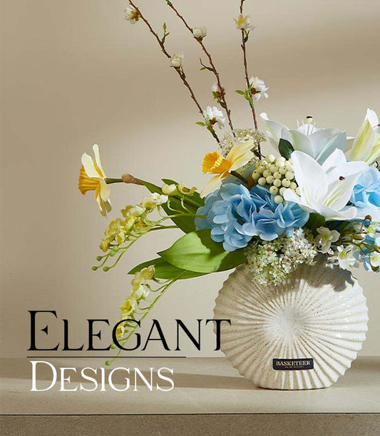 Spring flower arrangement with white lilies, hydrangeas, and daffodils in textured ceramic vase