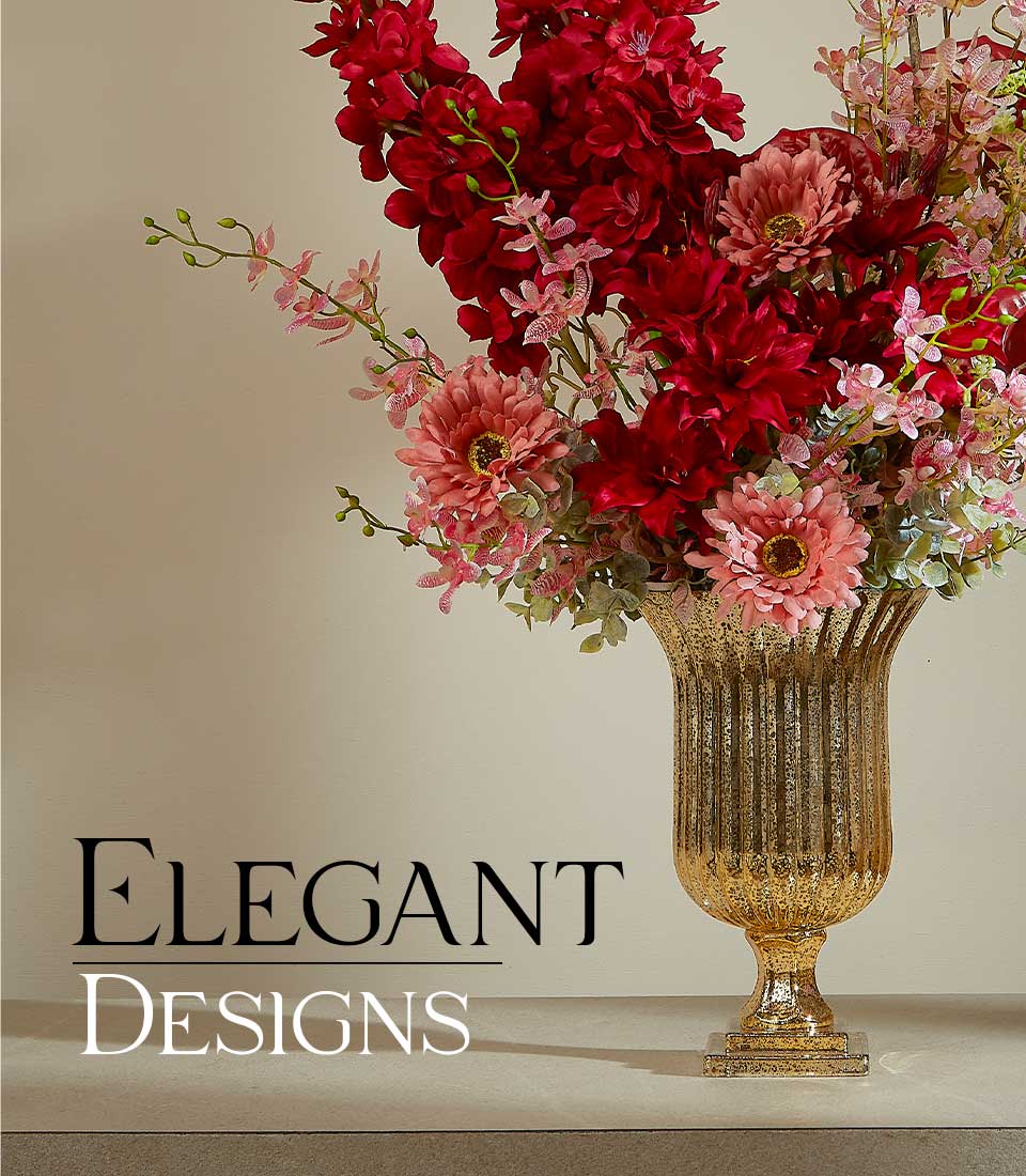 Scarlet luxury artificial flower arrangement in ornate gold urn vase with deep red dahlias and pink orchids