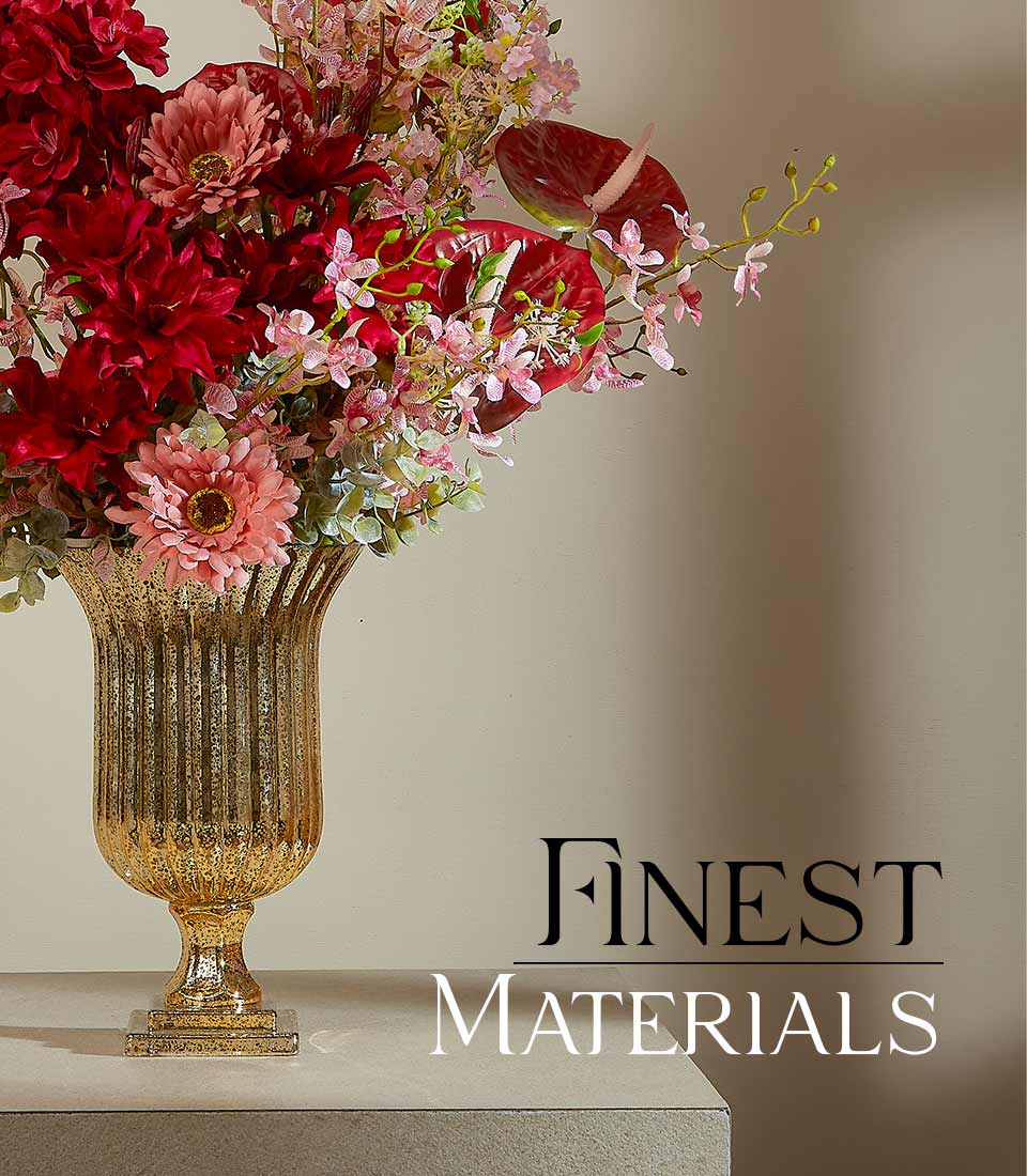 Scarlet luxury artificial flower arrangement in deep red and blush pink dahlias with gold mercury glass vase