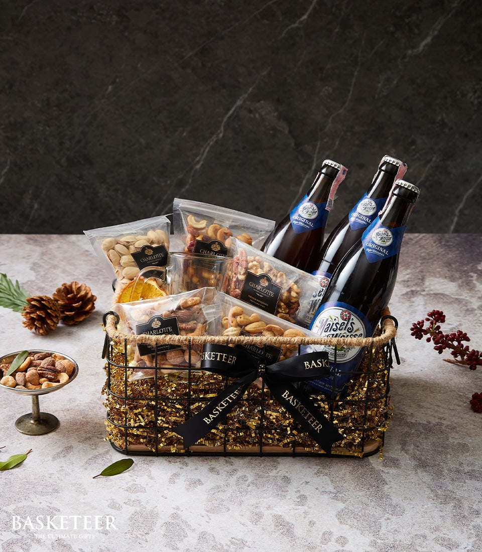 Premium beer and gourmet nuts gift basket with Weihenstephan, pistachio, cashew, and dried citrus