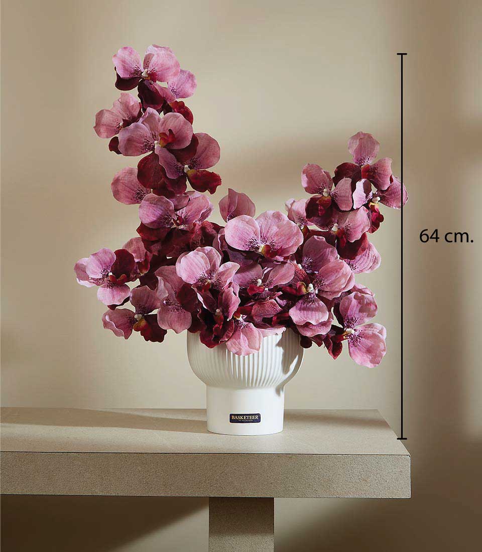 Elegant magenta and pink artificial orchid arrangement in white ceramic vase, 64 cm tall