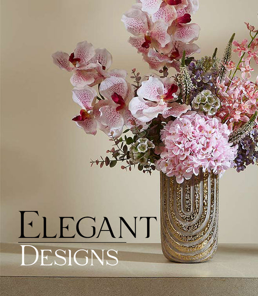 Spring Bliss pink orchid and hydrangea artificial flower arrangement in gold striped vase