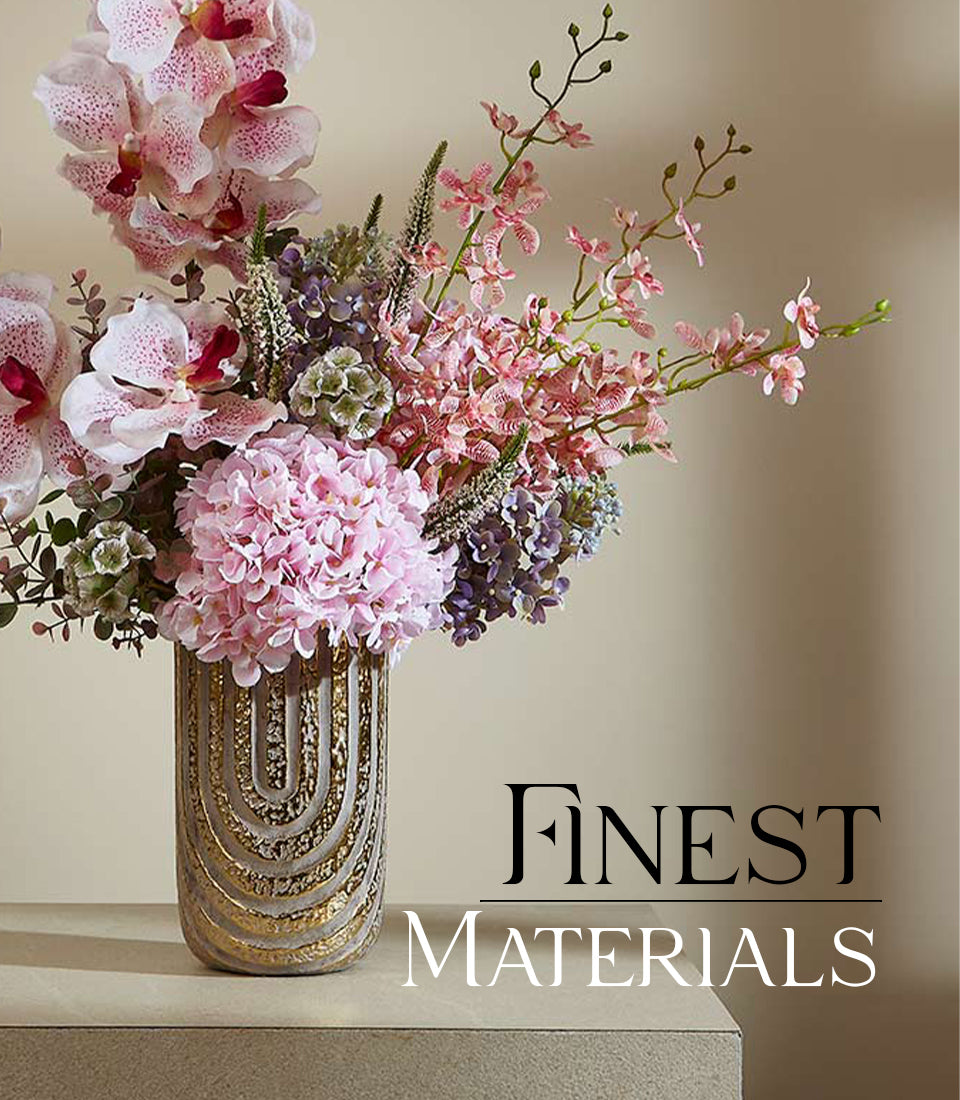 Spring Bliss artificial pink orchid and hydrangea arrangement in striped gold vase