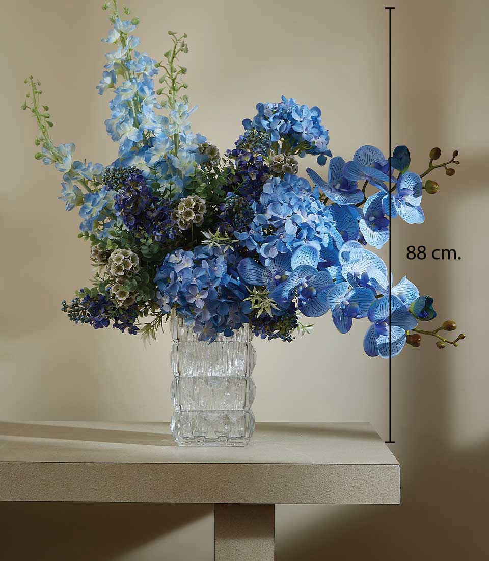 Premium blue artificial flower arrangement with delphiniums, hydrangeas, and orchids in clear glass vase, 88 cm tall