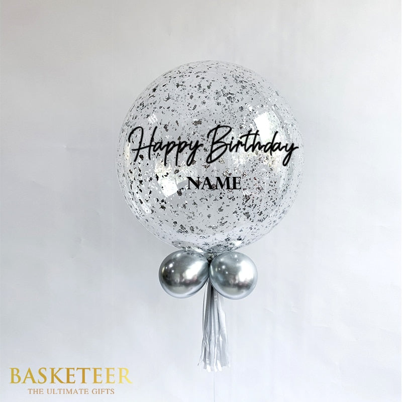 Silver confetti balloon with personalised name and Happy Birthday message, metallic accent balloons and tassel