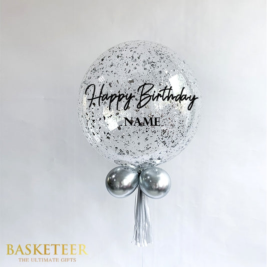 Silver confetti balloon with personalised name and Happy Birthday message, metallic accent balloons and tassel