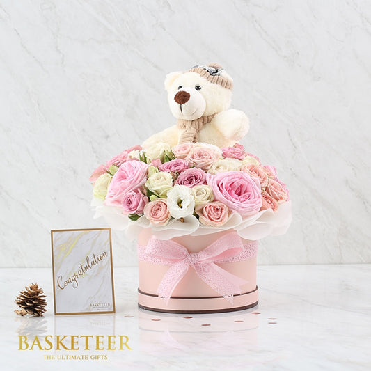 Pastel pink and white roses with teddy bear in luxury gift box, perfect for birthday and celebrations