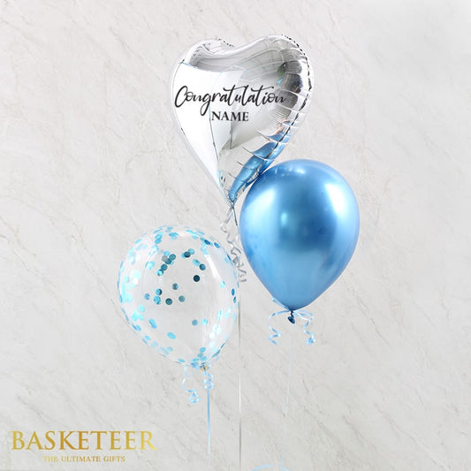 Silver heart congratulations balloon set with blue latex and confetti balloon, light blue ribbon
