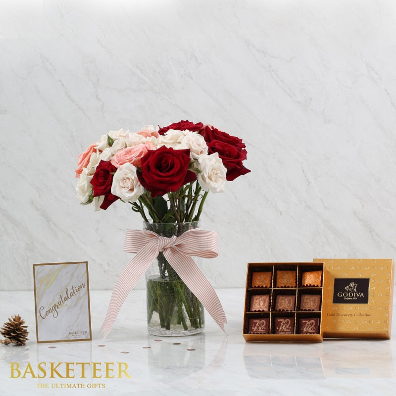 Premium mixed rose bouquet with chocolates gift set, fresh flowers in clear vase with pink ribbon and gourmet treats