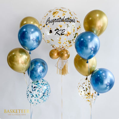 Luxury gift basket Bangkok add-on: Basketeer gold and blue balloon set. Perfect for corporate gifts or same-day gift delivery in Thailand.