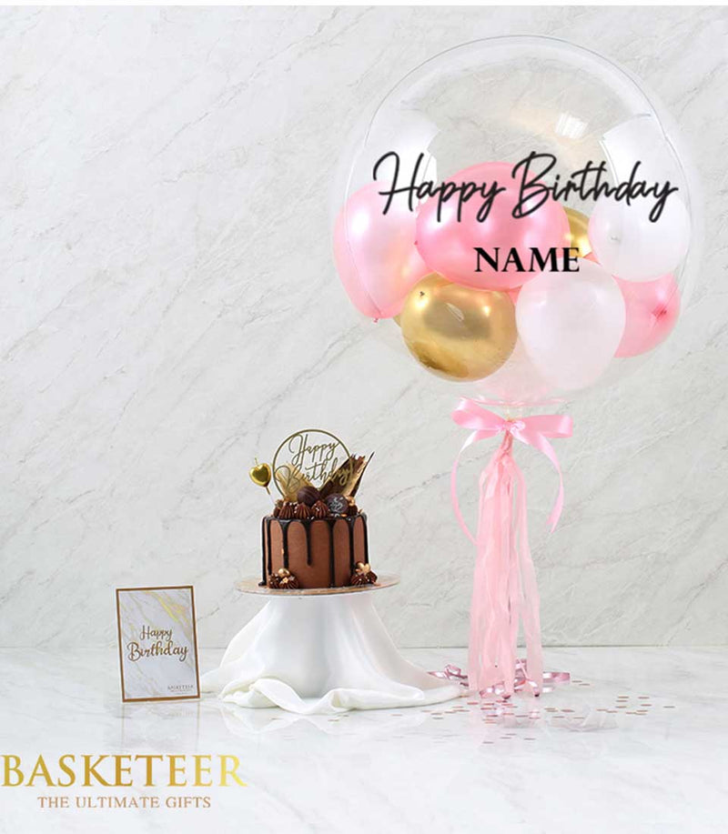 Chocolate cake with pink balloon bouquet gift set, happy birthday celebration combo