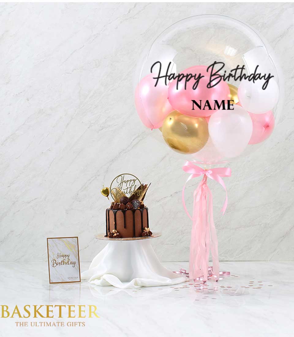 Chocolate cake with pink balloon bouquet gift set, happy birthday celebration combo