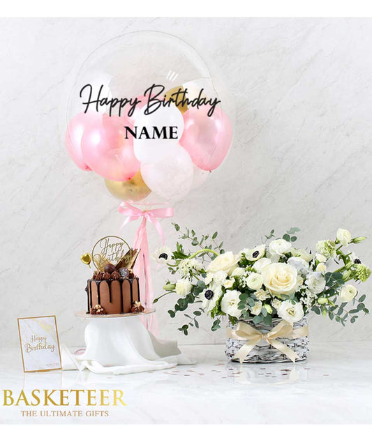 Chocolate cake with white roses and anemones basket combo, pink and gold birthday balloon set