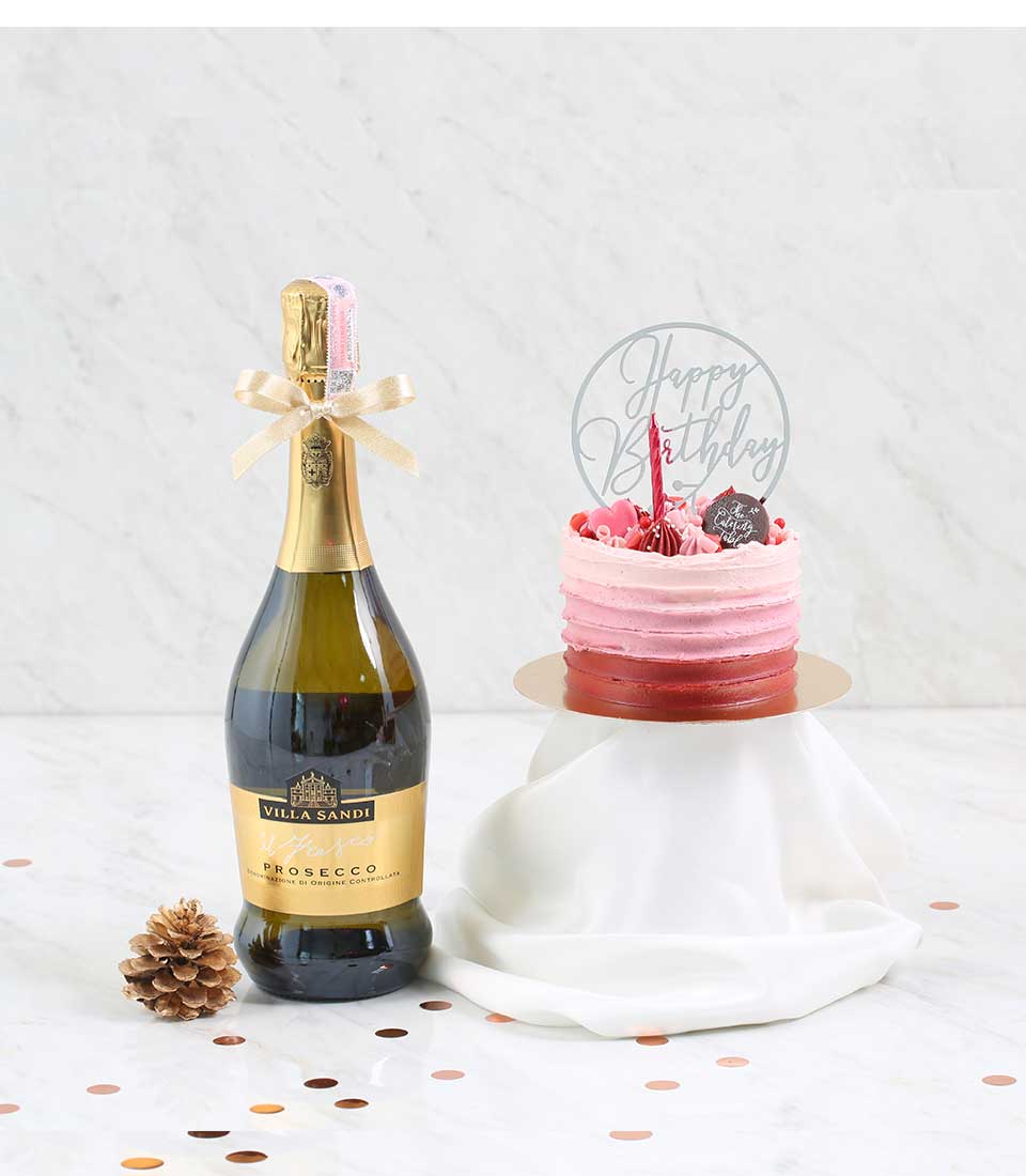 Villa Sandi Prosecco and pink ombre birthday cake with gold accents, celebratory gift set