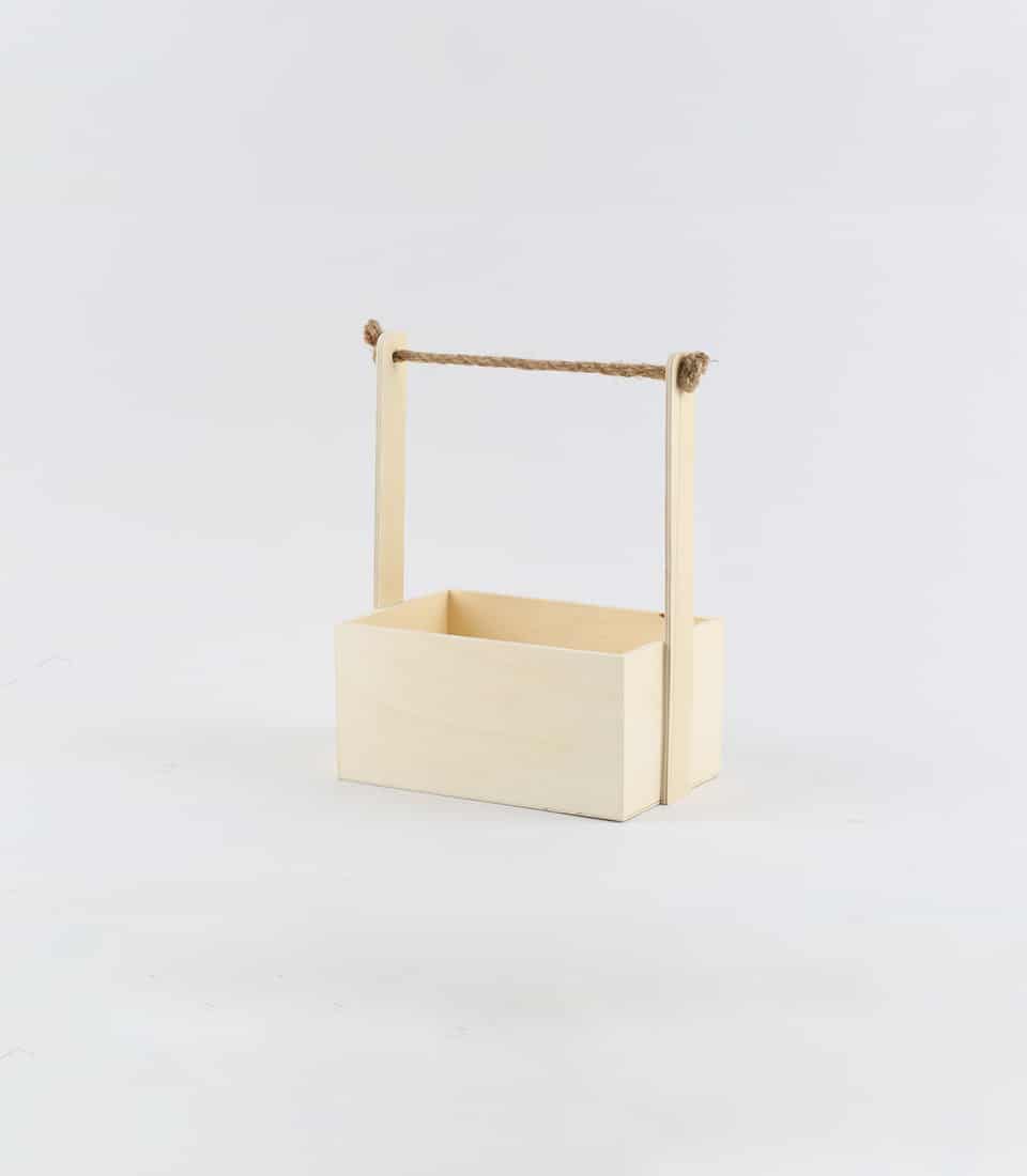 Light wooden gift basket with jute handle, ready for custom curation