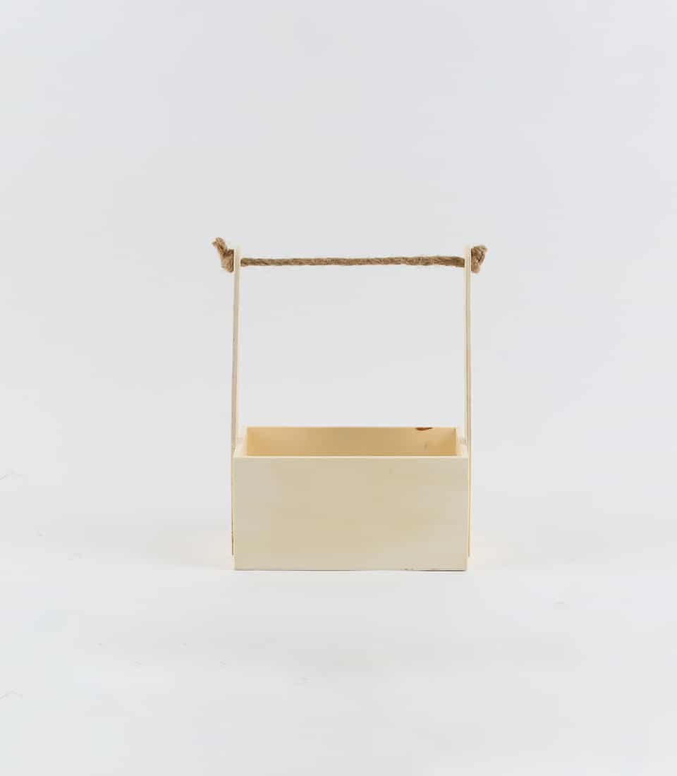 Light wood rectangular gift basket with natural jute rope handle, empty and ready for custom gifting