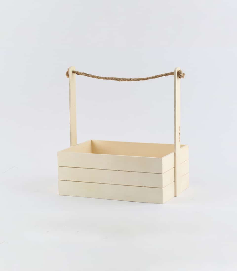 Light beige wooden crate with rustic rope handle for luxury gift hampers and artisan baskets
