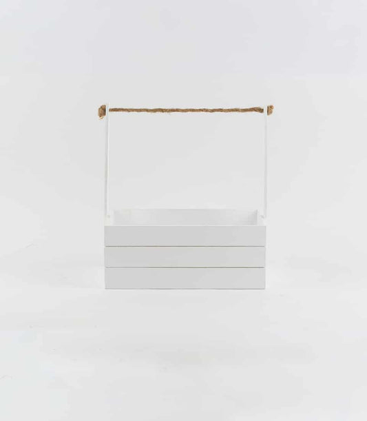 White wooden crate with natural twine handle, ready for custom gifting