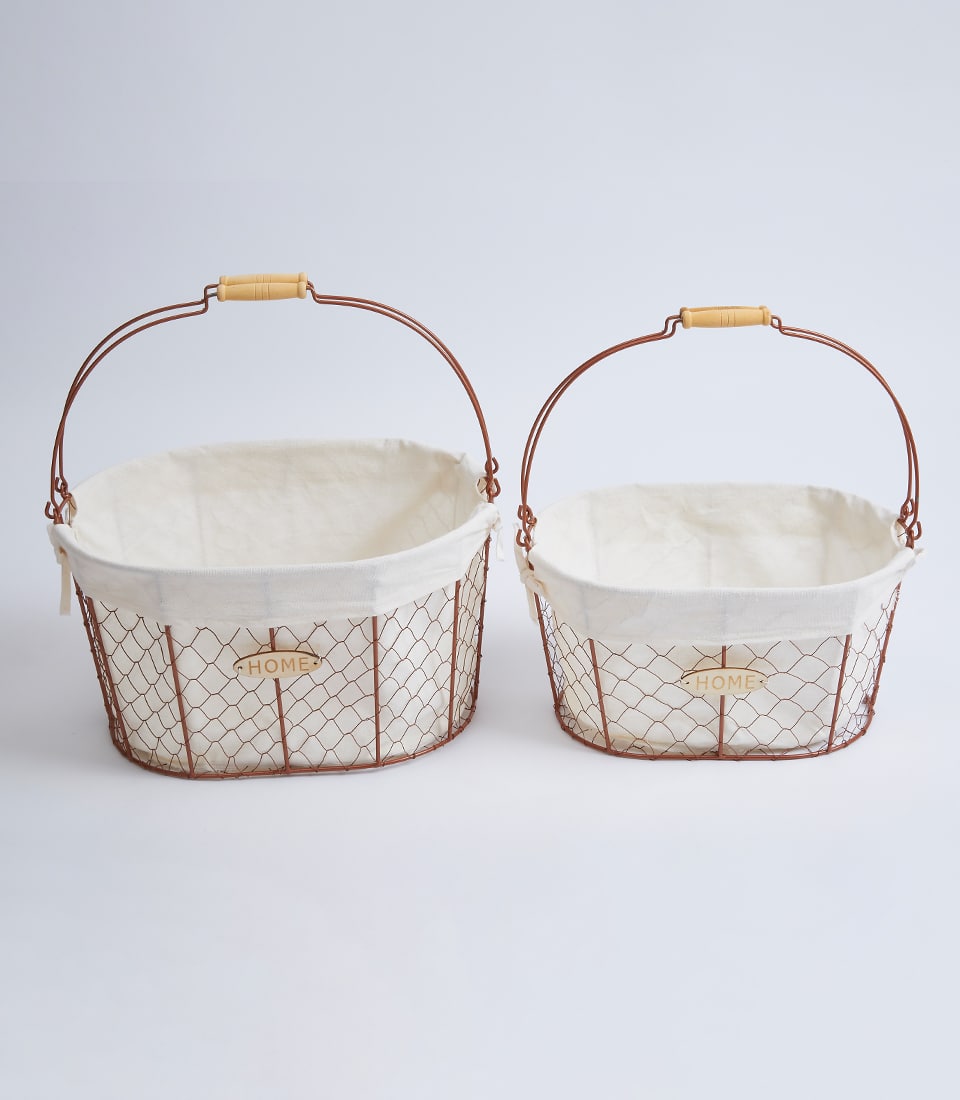 Reddish-brown wire gift baskets with cream fabric liners and wooden handles, displayed in two sizes