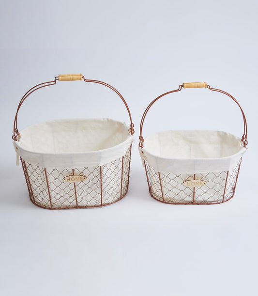 Reddish-brown wire gift baskets with cream fabric liners and wooden handles, displayed in two sizes