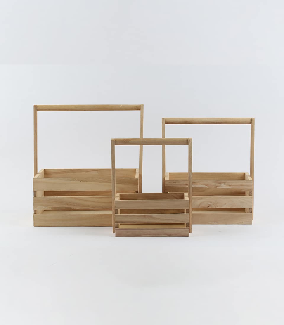 Nested wooden gift crates with handles in natural light timber, ready for custom hamper assembly