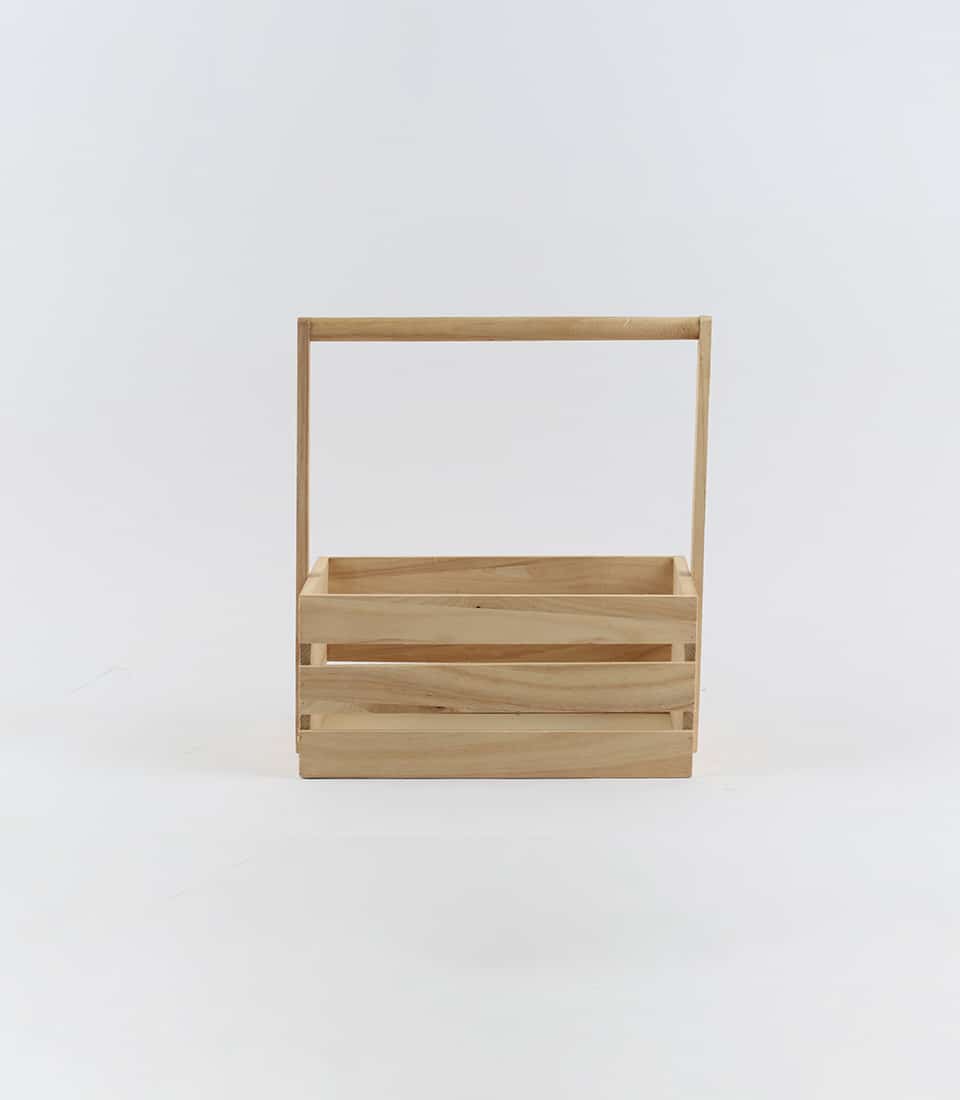 Light wooden crate with handle, natural grain finish, ready for custom gifting
