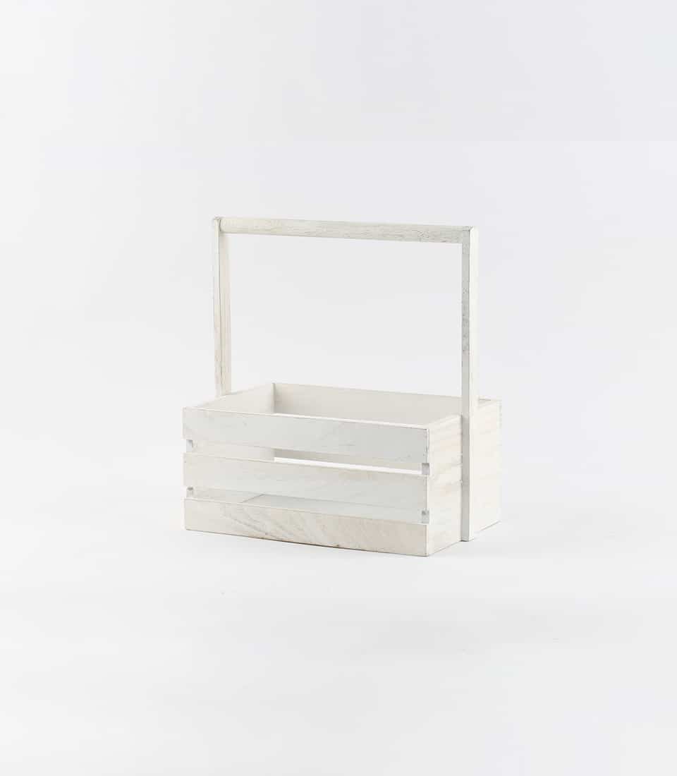 Distressed white wooden crate with handle for luxury gift hamper displays