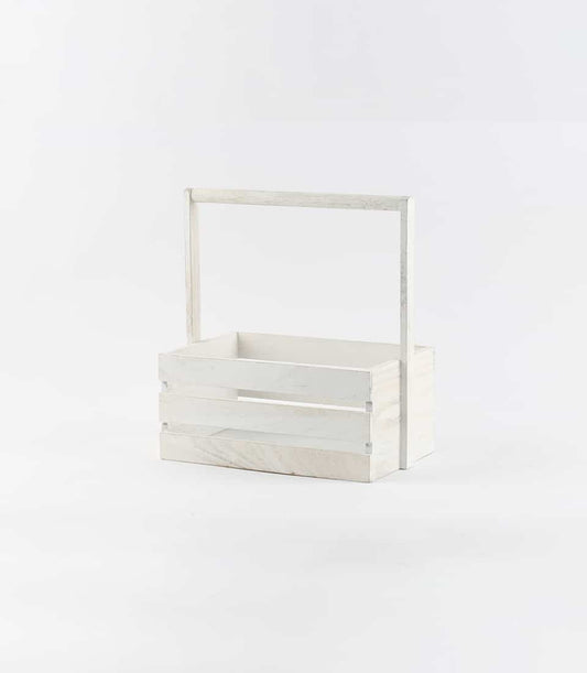 Distressed white wooden crate with handle for luxury gift hamper displays