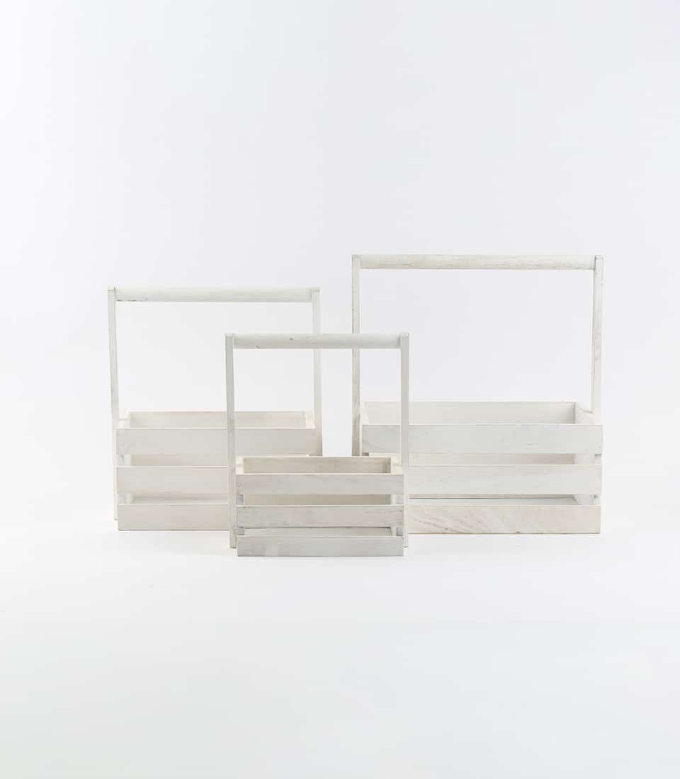 White wooden gift crates with handles in three sizes, ready for custom luxury hamper fills