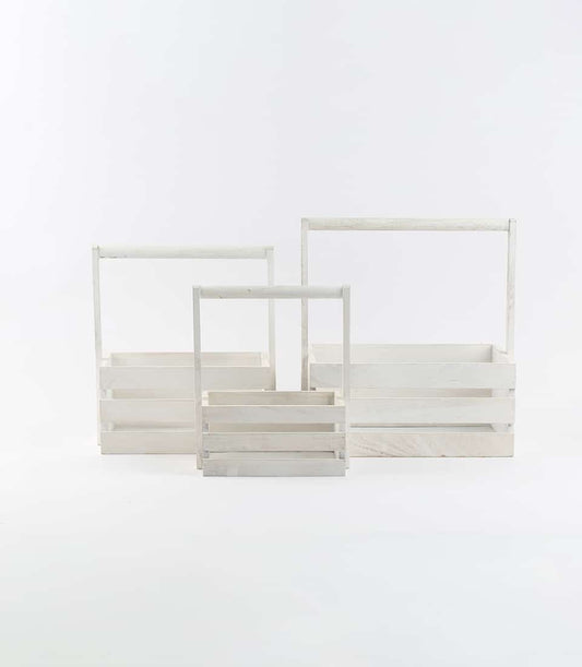 White wooden gift crates with handles in three sizes, ready for custom luxury hamper fills