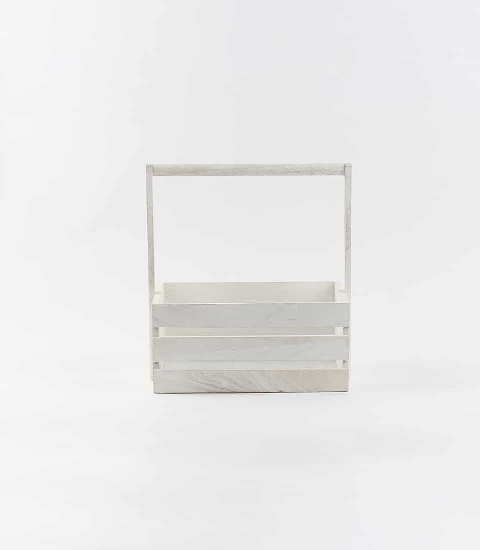 Whitewashed wooden crate with handle, empty gift basket for artisan hamper packing
