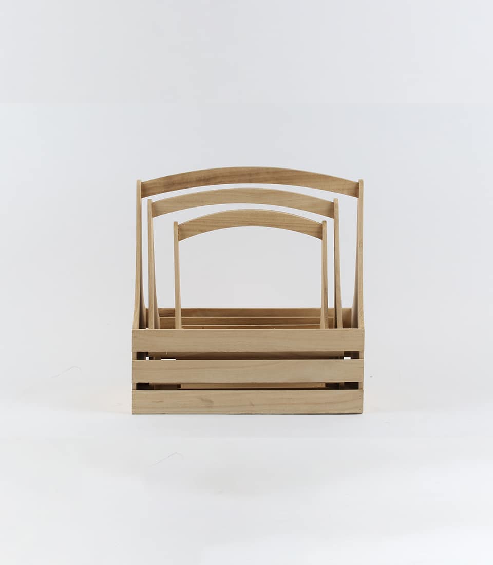 Set of three nested wooden crates with arched handles in natural light wood finish