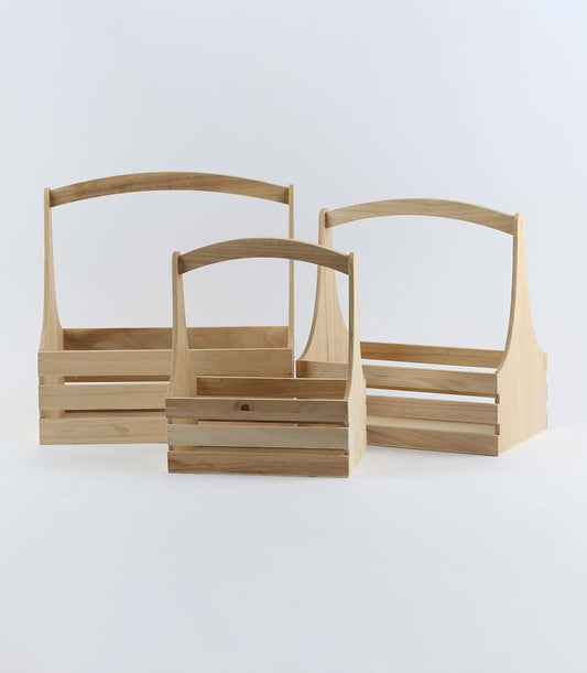 Handcrafted wooden tote baskets in three sizes, natural pine with curved handles for luxury gifting