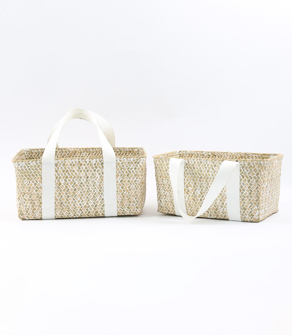 Woven gift baskets with white handles in natural light brown, ready for custom filling
