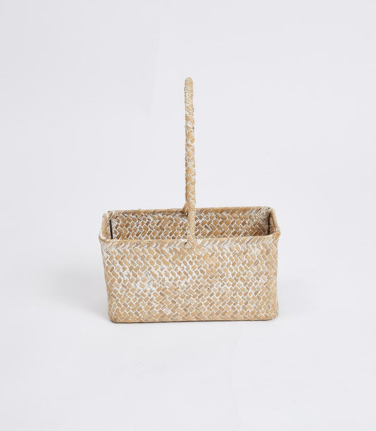 Hand-woven natural straw basket with braided handle, light whitewashed finish