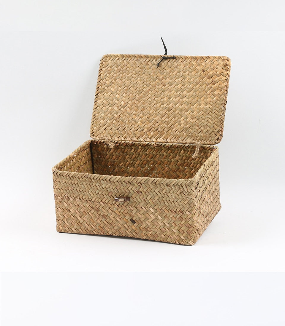 Natural woven seagrass storage basket with hinged lid and wooden toggle closure
