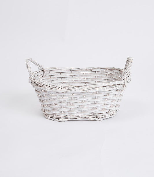 White wicker basket with braided handles, natural woven rattan, artisan gift hamper vessel
