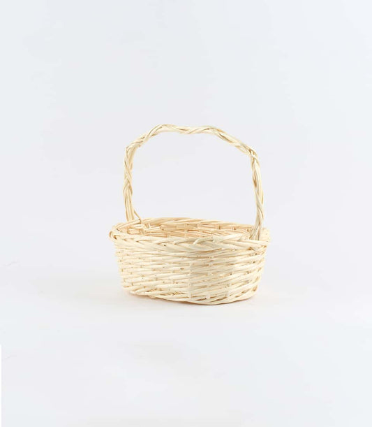 Light wicker gift basket with arched handle, empty natural-toned woven design