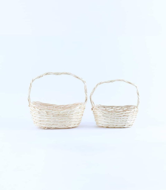 Woven light natural wicker baskets with handles, empty gift presentation in two sizes