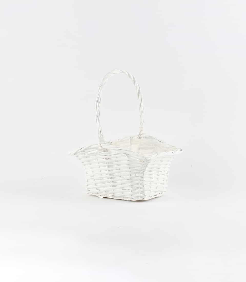 White woven wicker gift basket with twisted handle and fabric lining